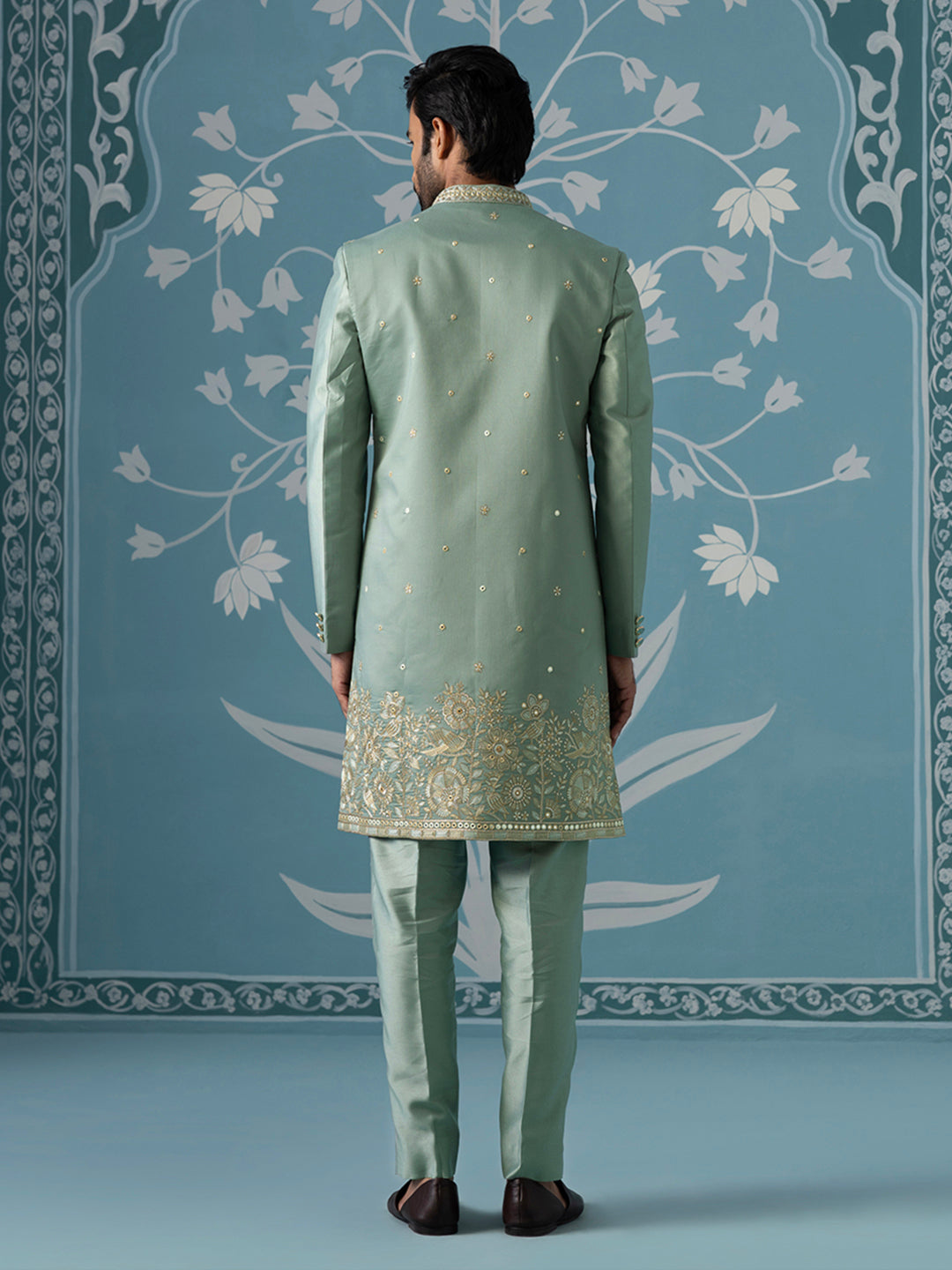 Dusky Green Long Jacket Semi-Sherwani Set