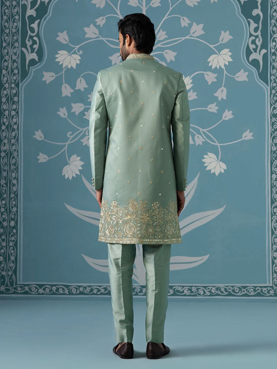 Dusky Green Long Jacket Semi-Sherwani Set