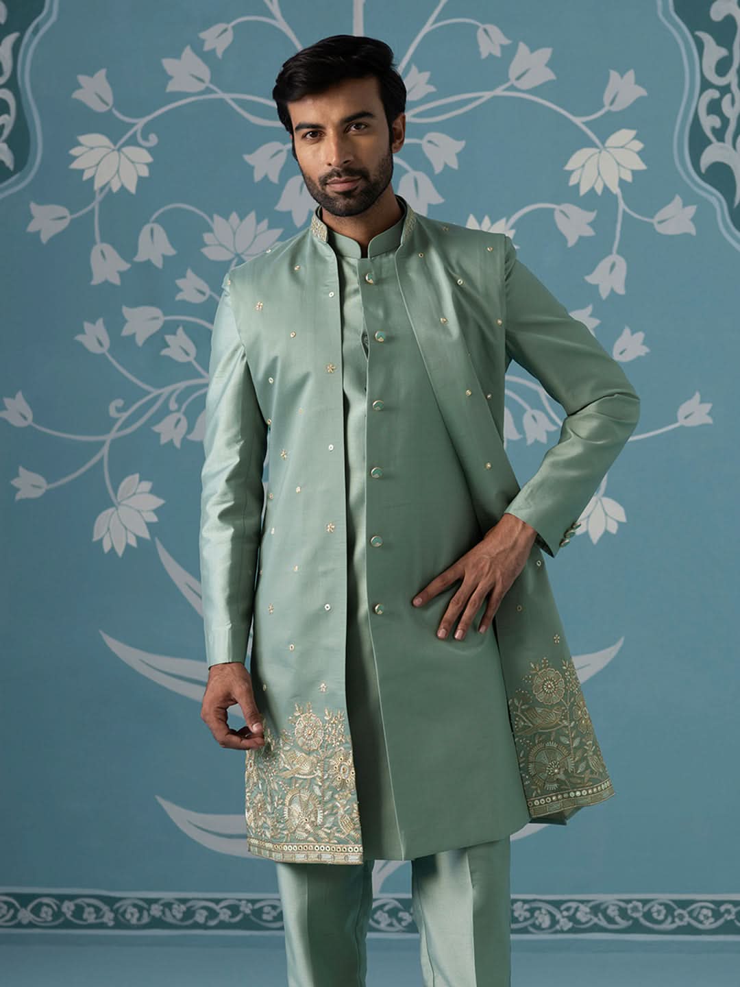 Dusky Green Long Jacket Semi-Sherwani Set