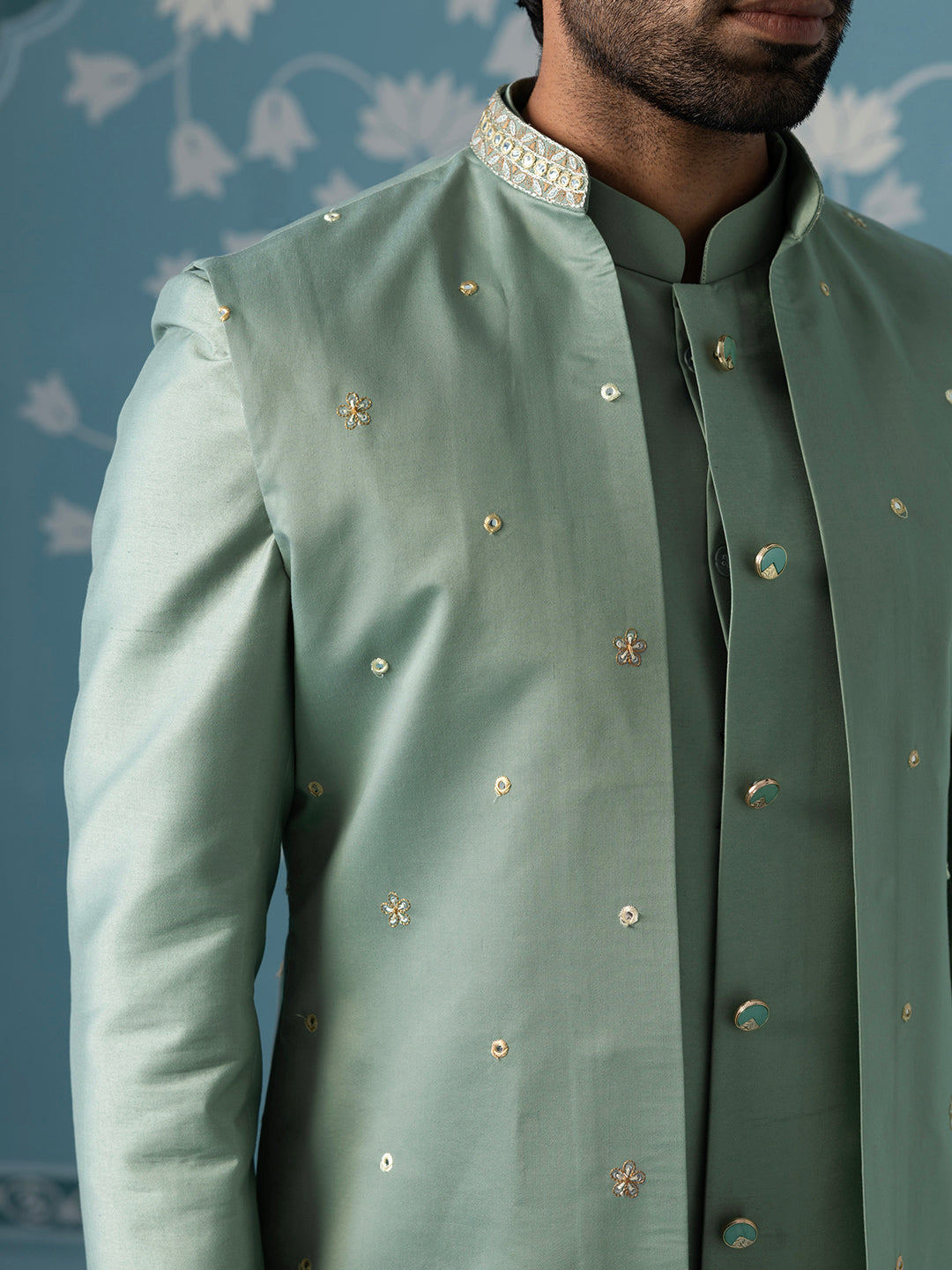 Dusky Green Long Jacket Semi-Sherwani Set