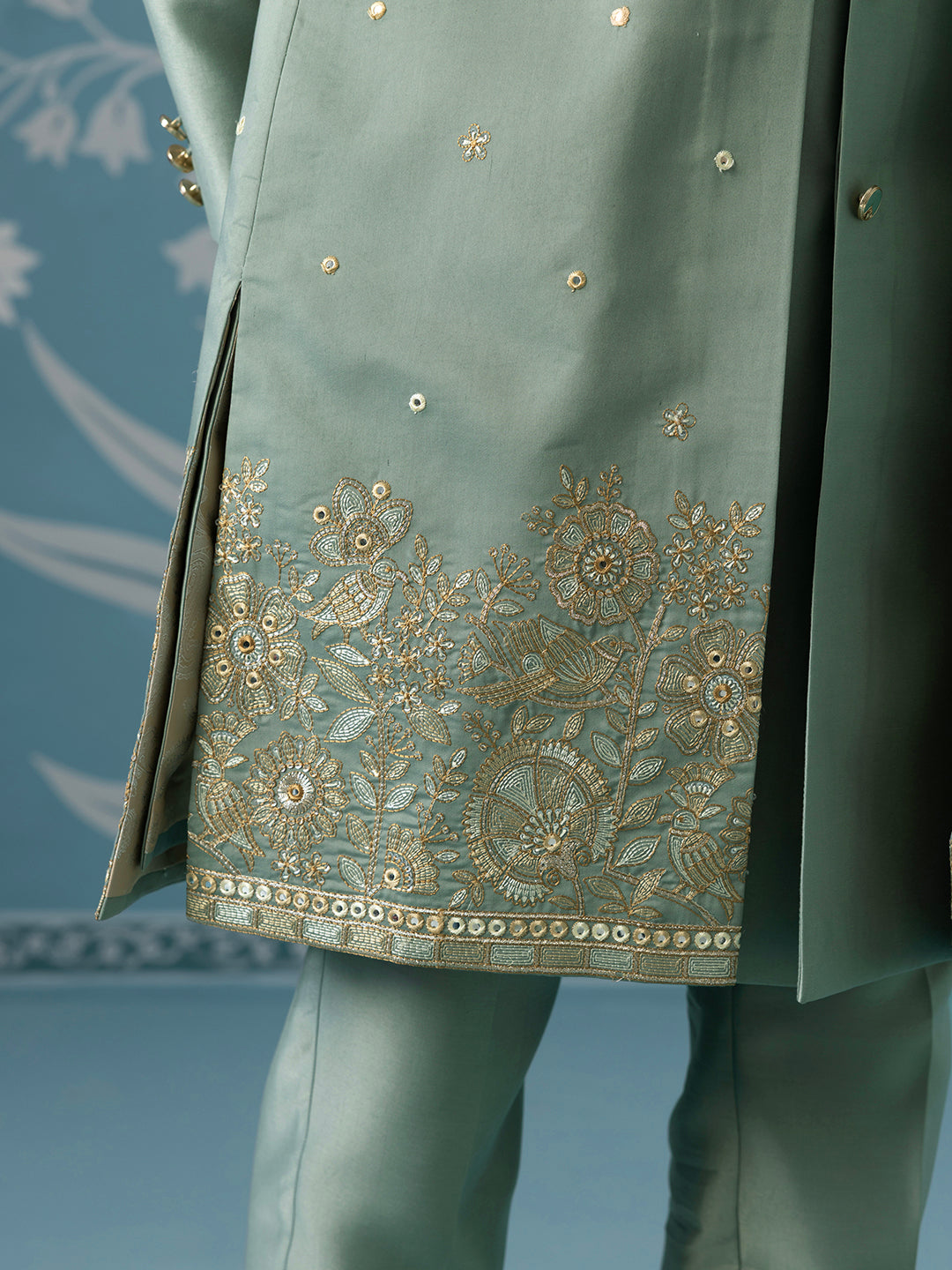 Dusky Green Long Jacket Semi-Sherwani Set
