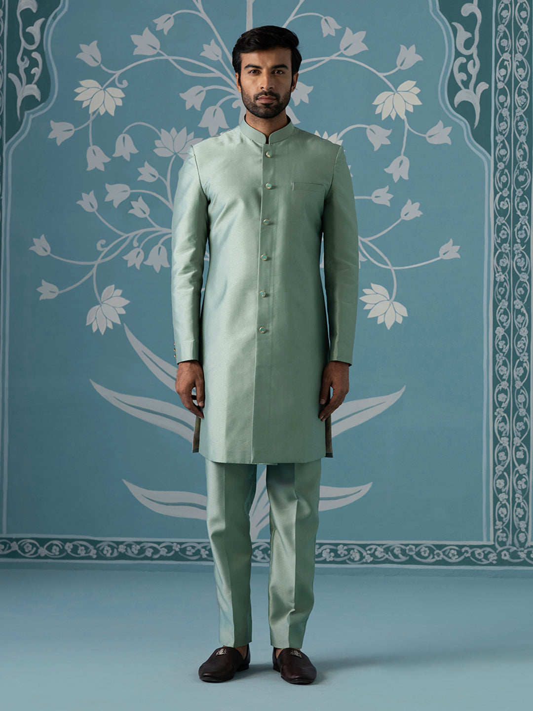 Dusky Green Long Jacket Semi-Sherwani Set