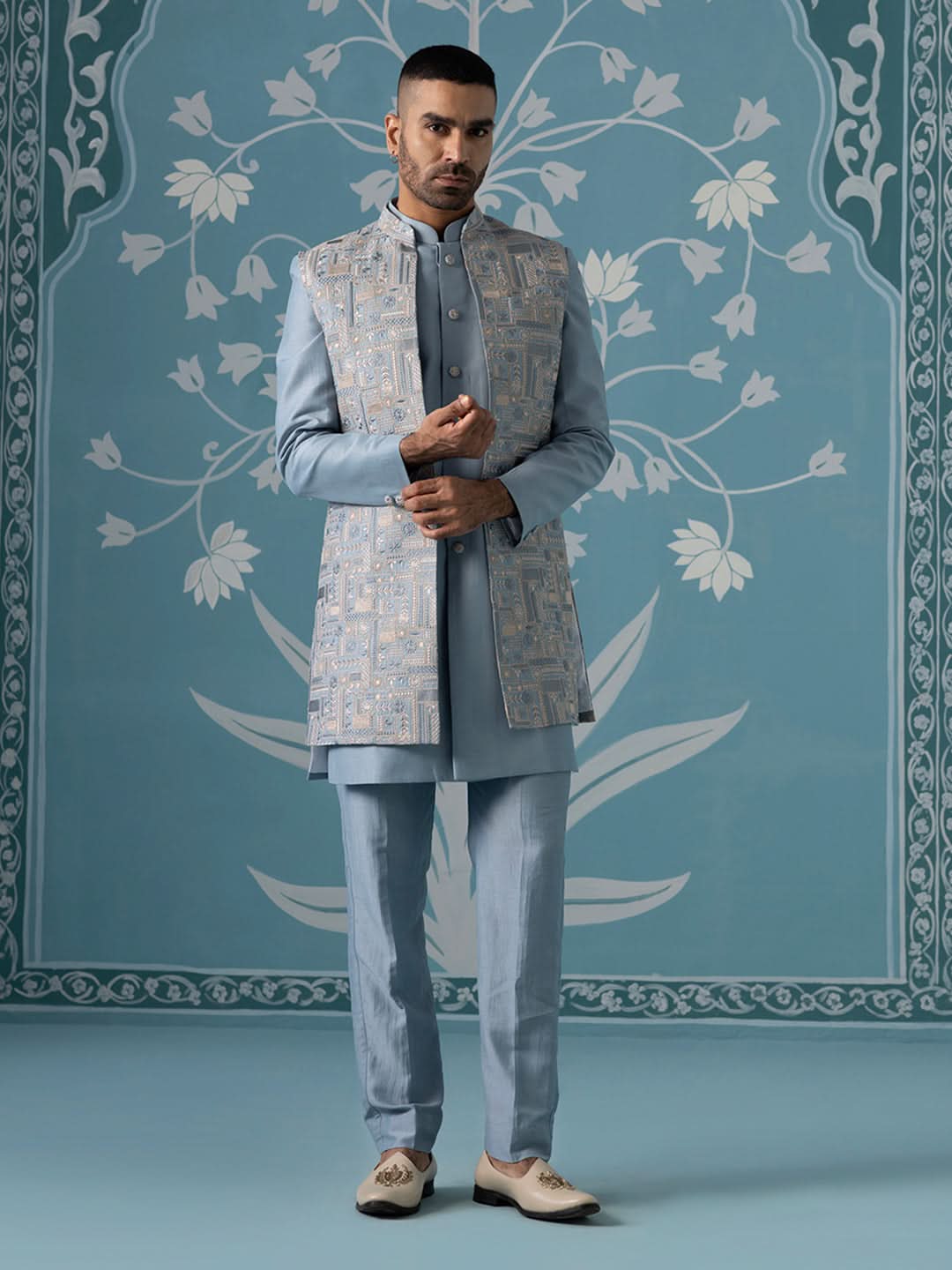 Pastel Blue Embroidered Indo Set