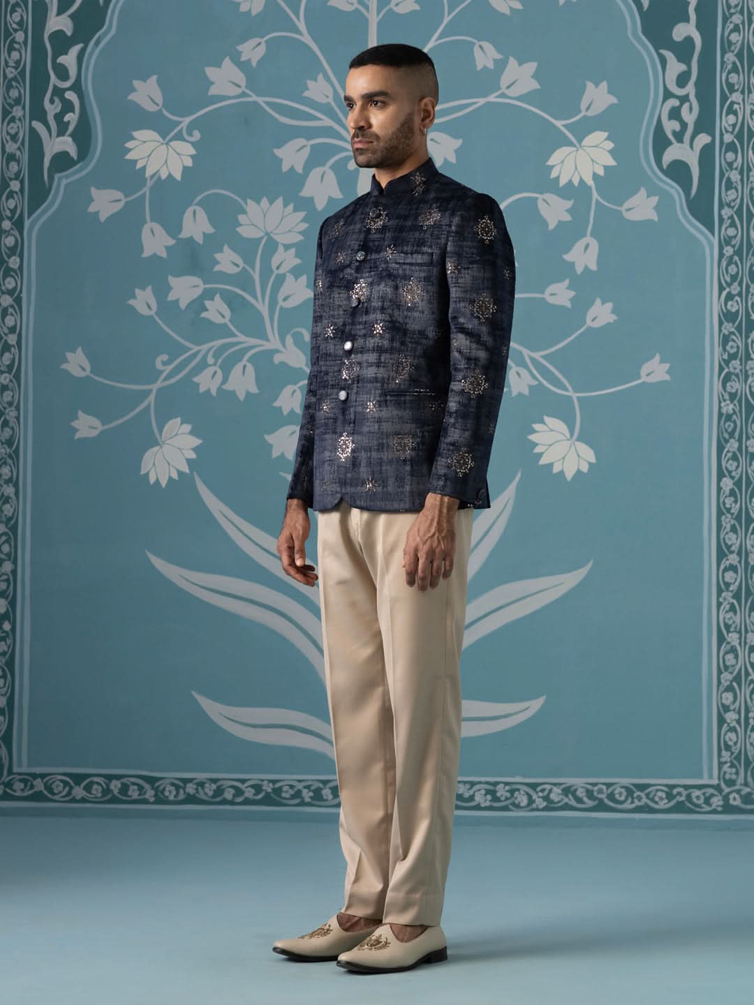 Black And Grey Self-Textured Bandhgala Set