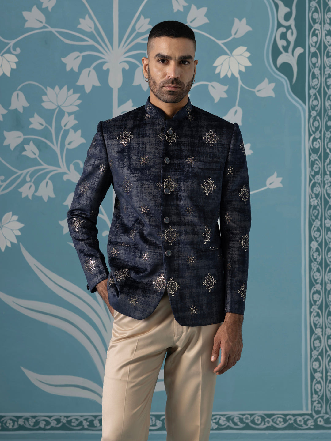 Black And Grey Self-Textured Bandhgala Set