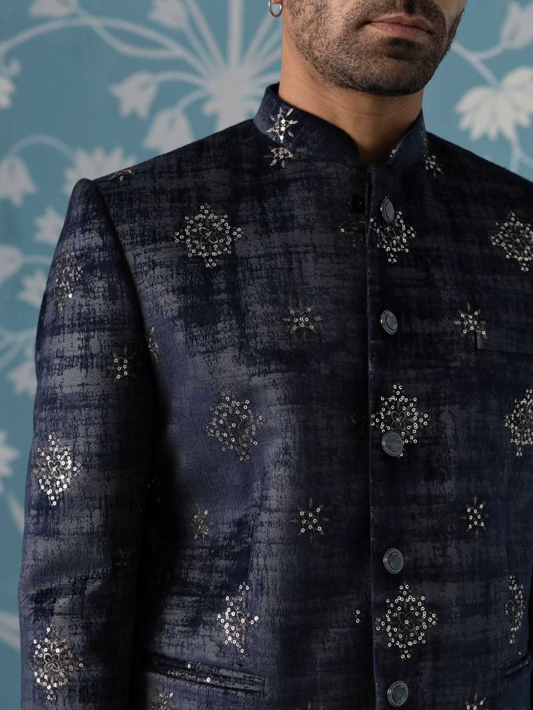 Black And Grey Self-Textured Bandhgala Set