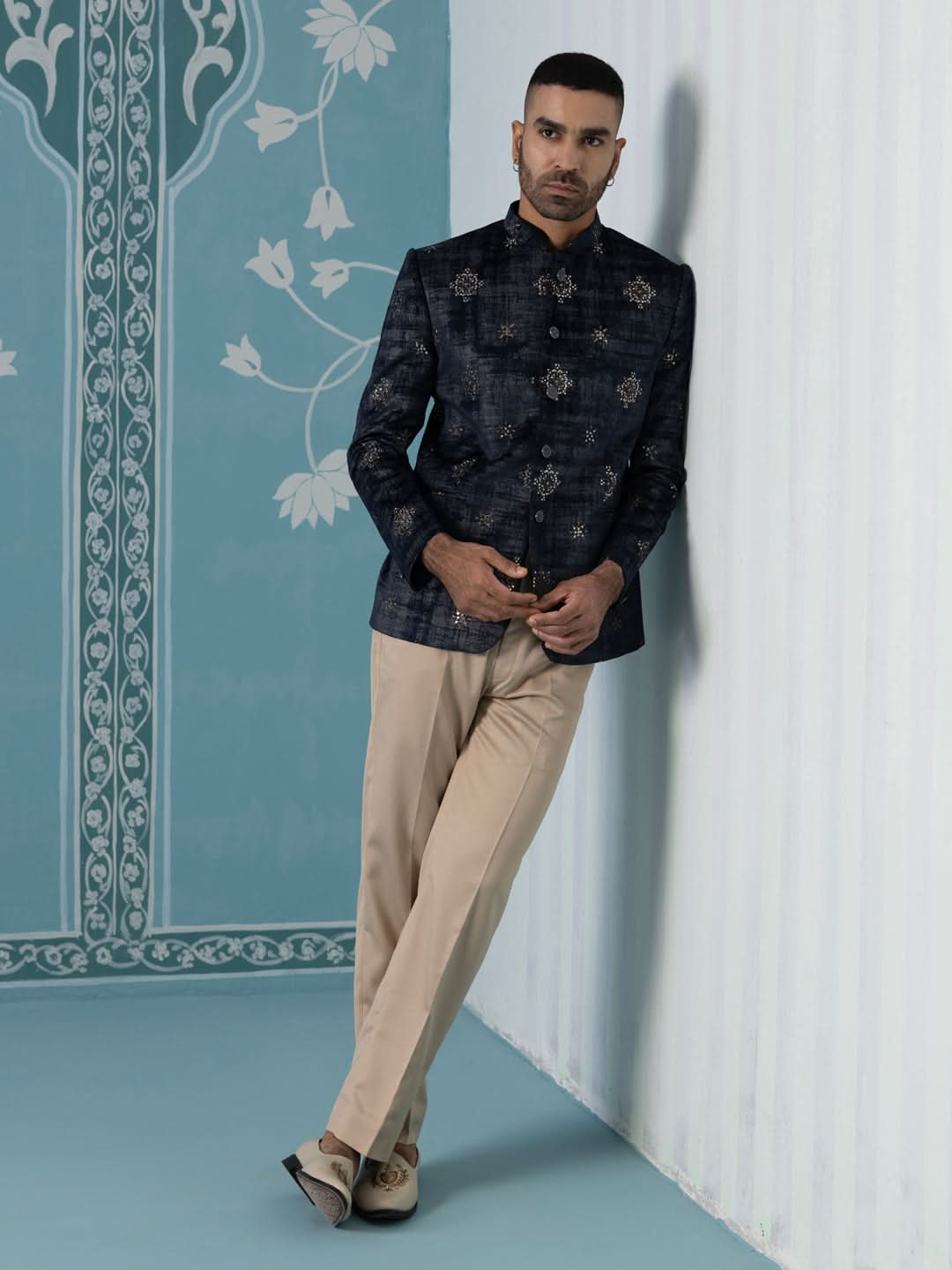 Black And Grey Self-Textured Bandhgala Set