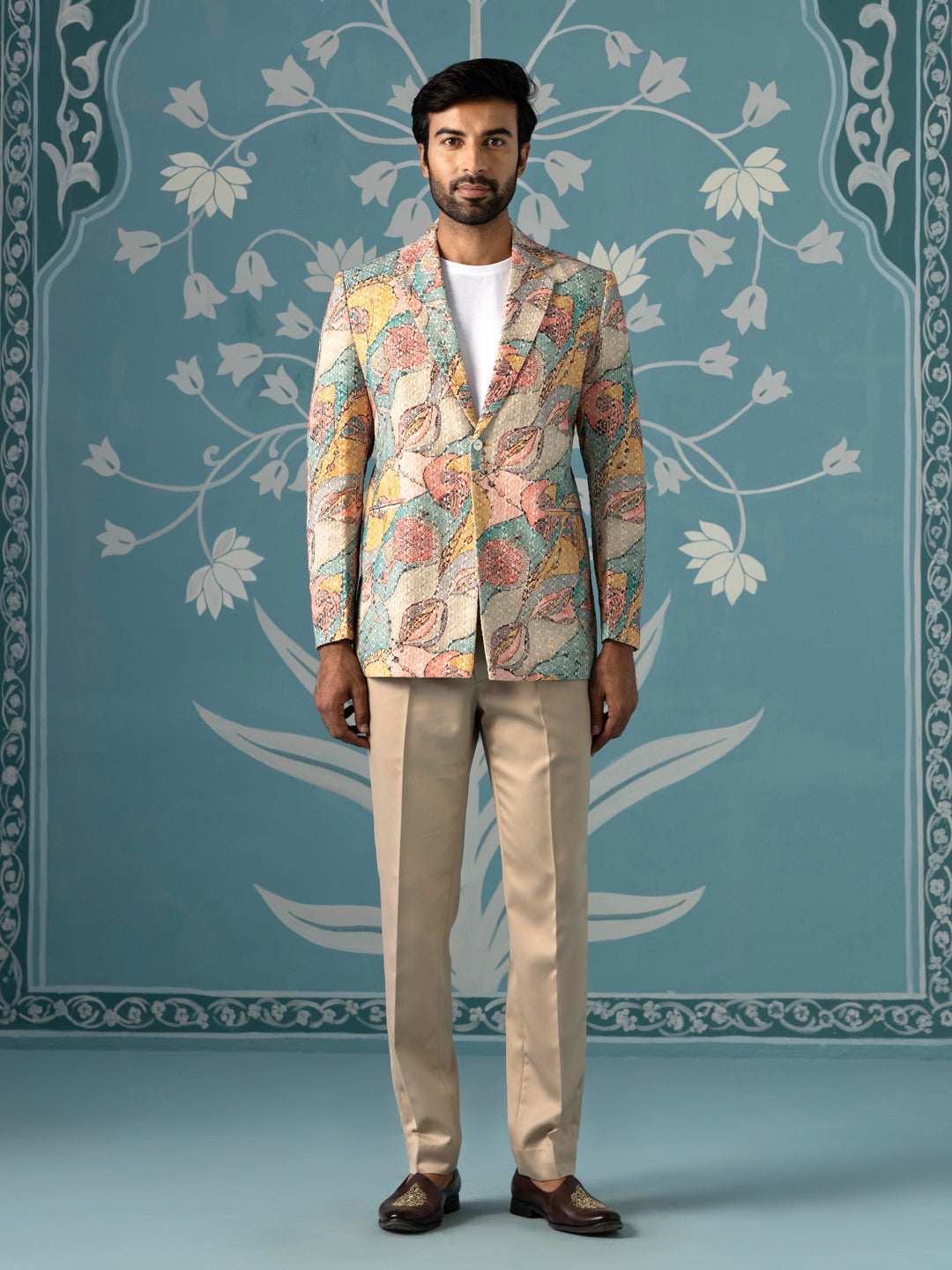 Designer Patch-Print Blazer Set in Vibrant Multi Colours