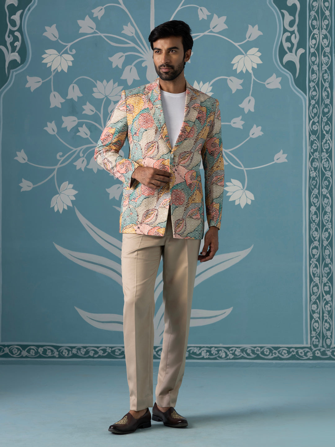 Designer Patch-Print Blazer Set in Vibrant Multi Colours