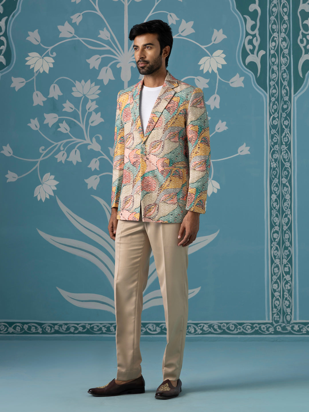 Designer Patch-Print Blazer Set in Vibrant Multi Colours