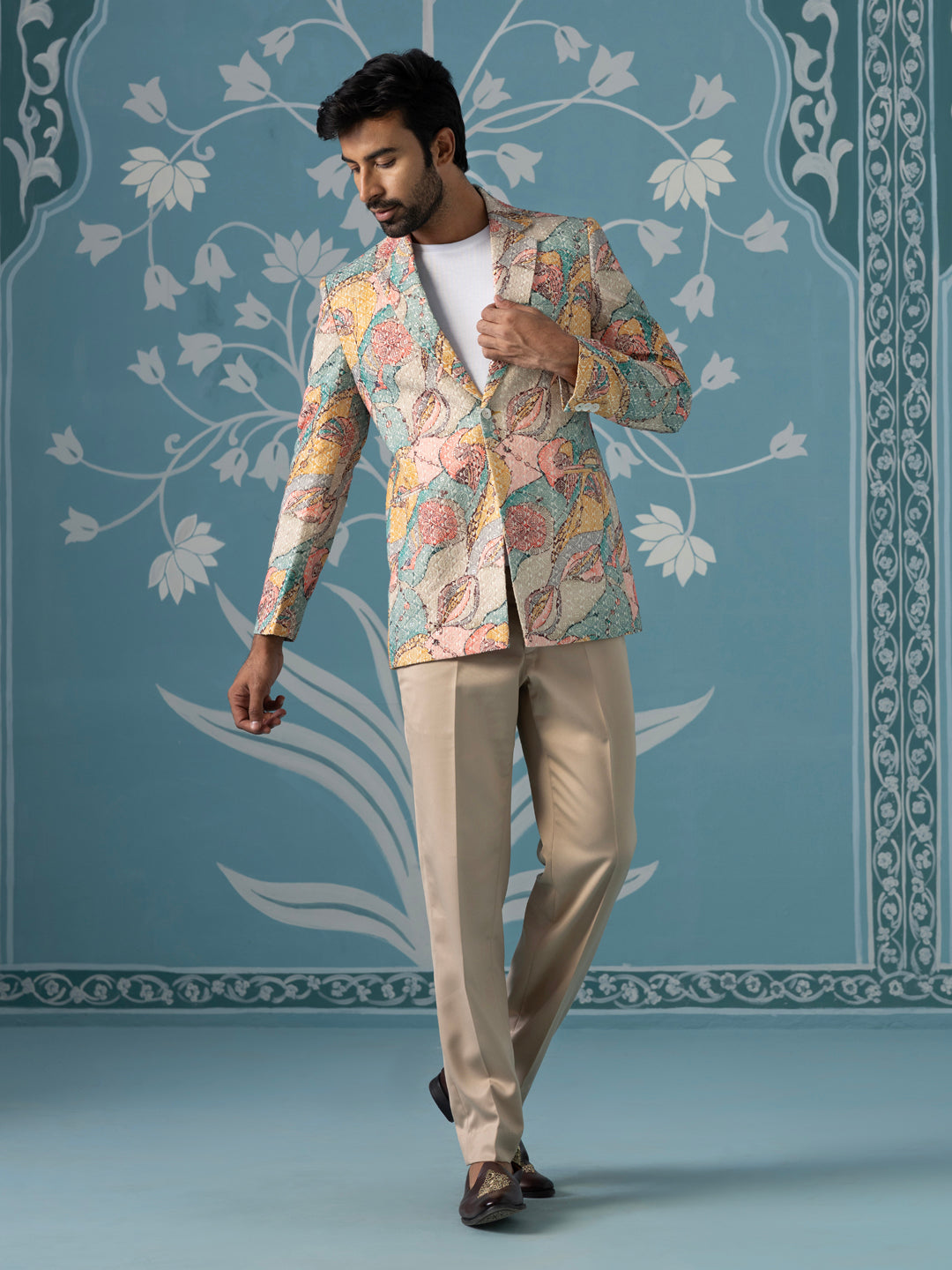 Designer Patch-Print Blazer Set in Vibrant Multi Colours