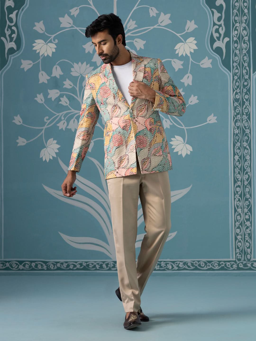 Designer Patch-Print Blazer Set in Vibrant Multi Colours