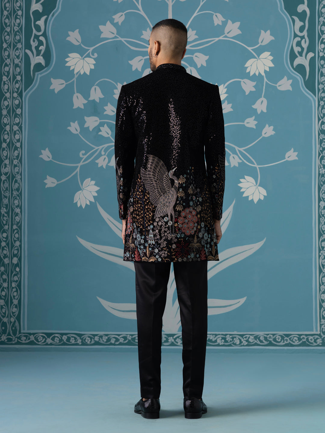 Black Velvet Indo Set with Sequin & Bird-Motif Embroidery