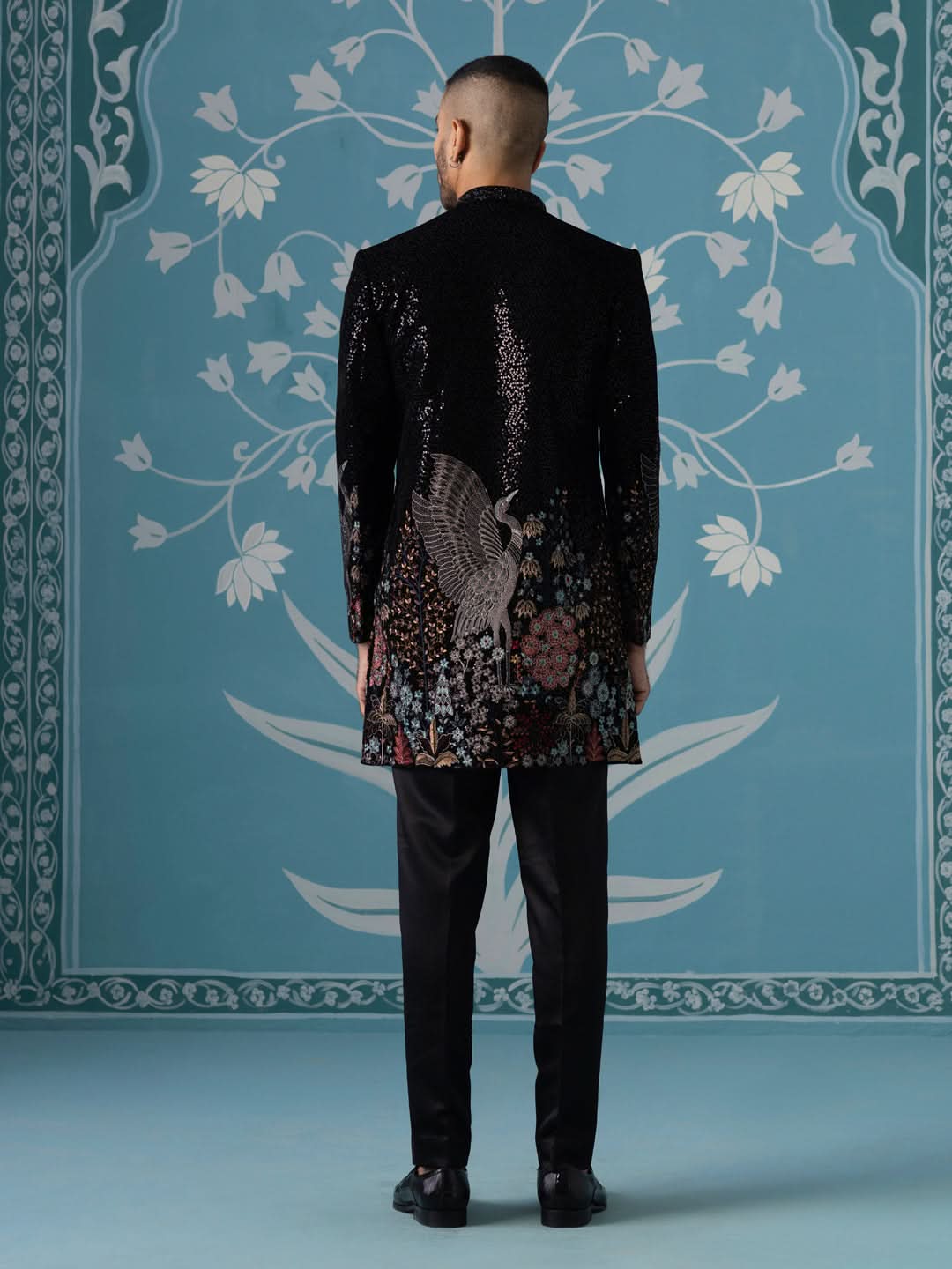 Black Velvet Indo Set with Sequin & Bird-Motif Embroidery