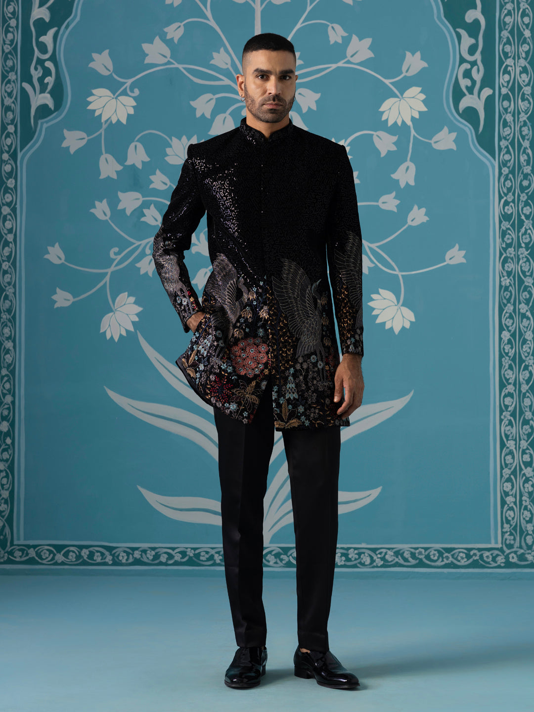 Black Velvet Indo Set with Sequin & Bird-Motif Embroidery