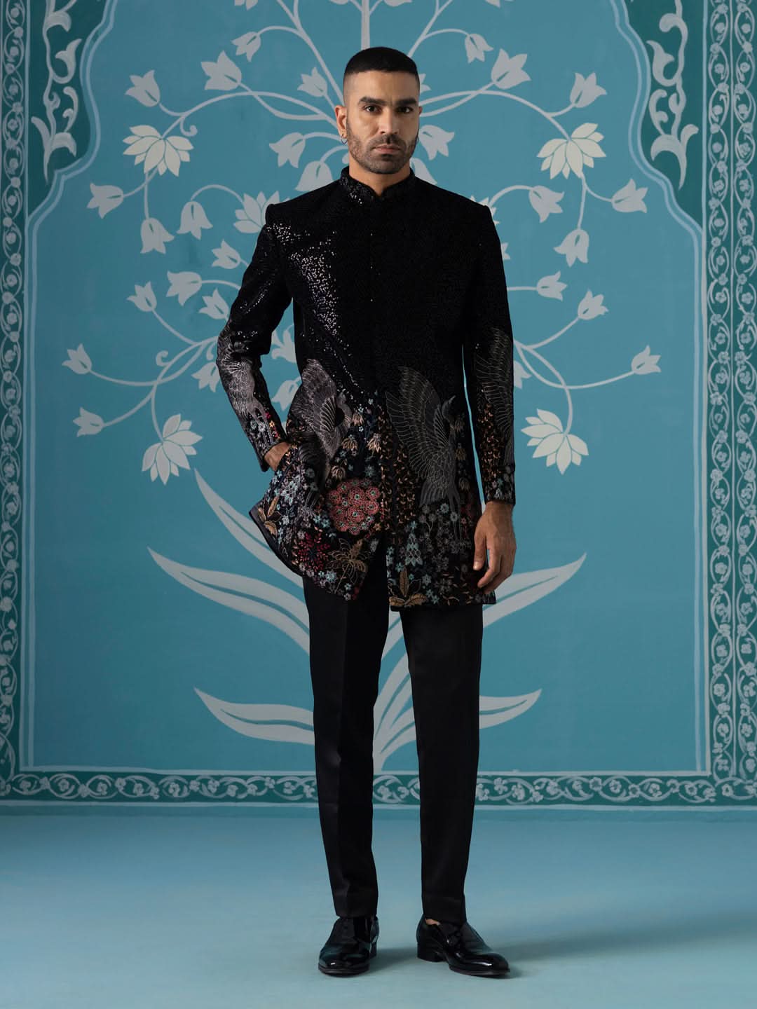 Black Velvet Indo Set with Sequin & Bird-Motif Embroidery