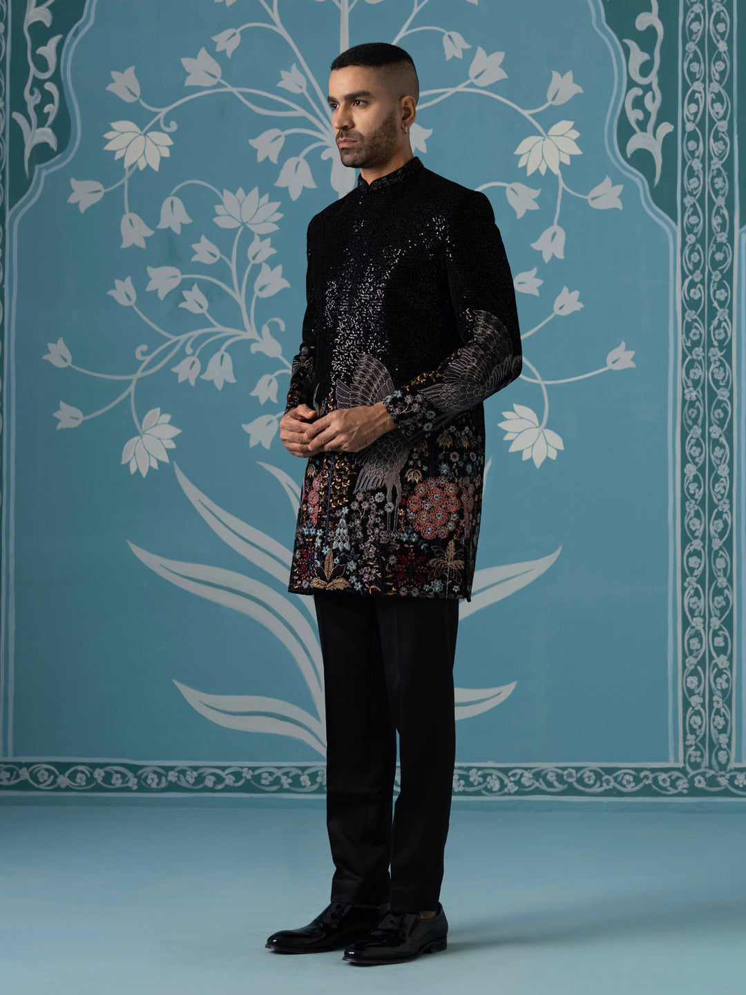 Black Velvet Indo Set with Sequin & Bird-Motif Embroidery