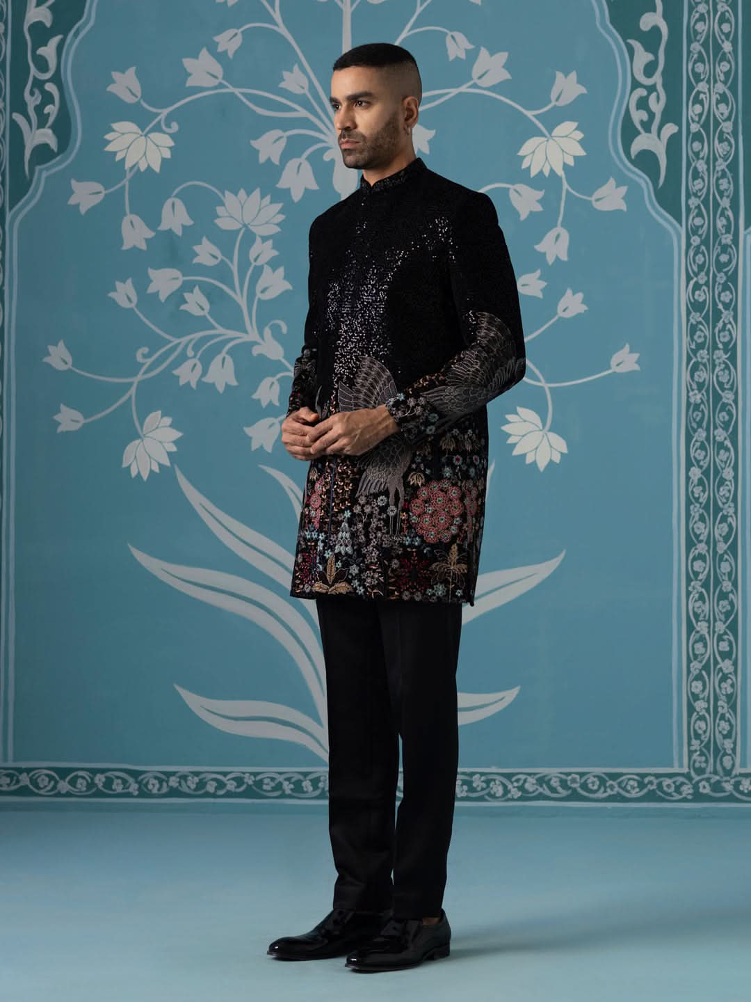 Black Velvet Indo Set with Sequin & Bird-Motif Embroidery