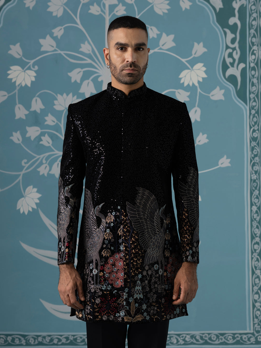 Black Velvet Indo Set with Sequin & Bird-Motif Embroidery