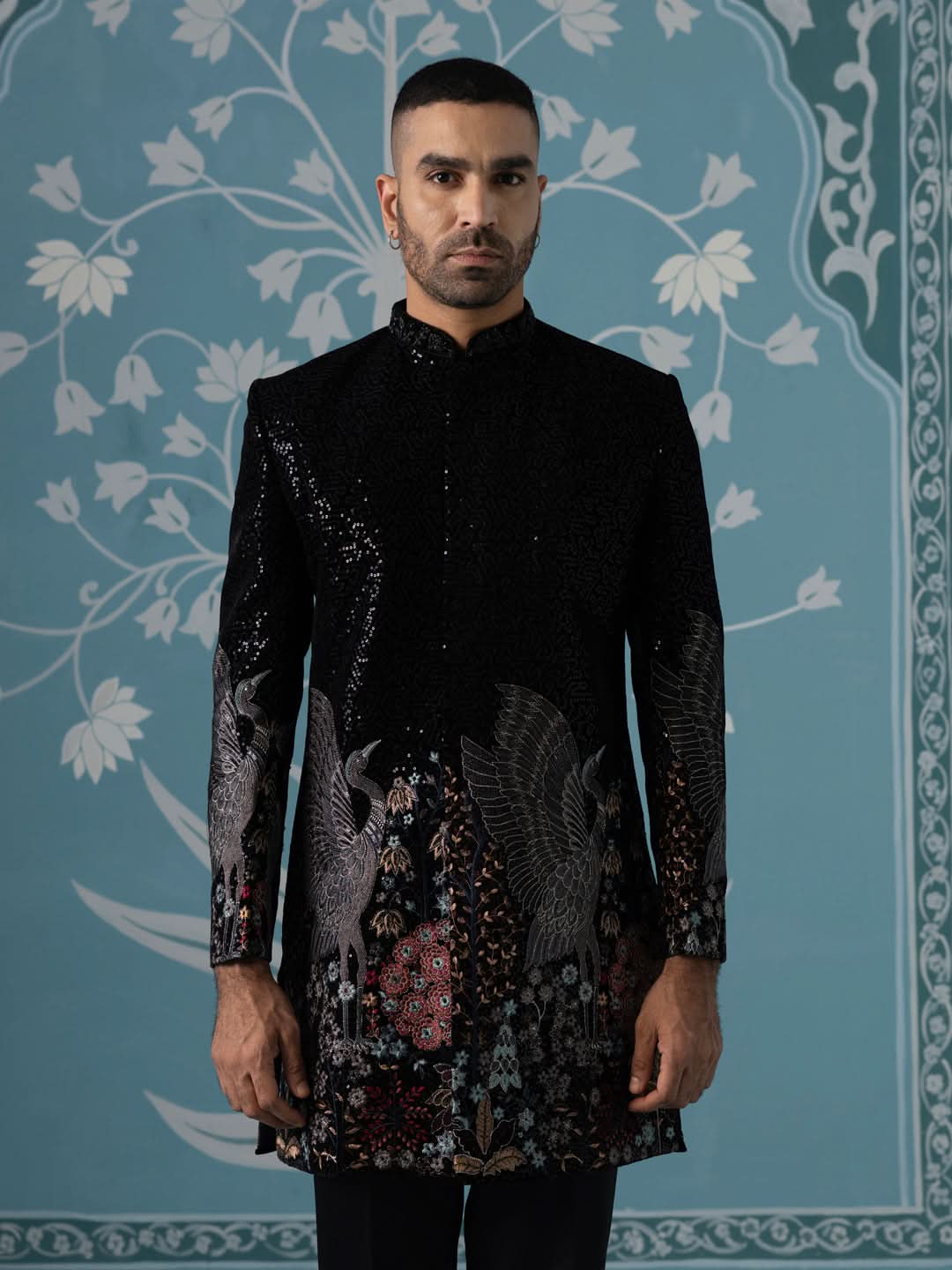 Black Velvet Indo Set with Sequin & Bird-Motif Embroidery