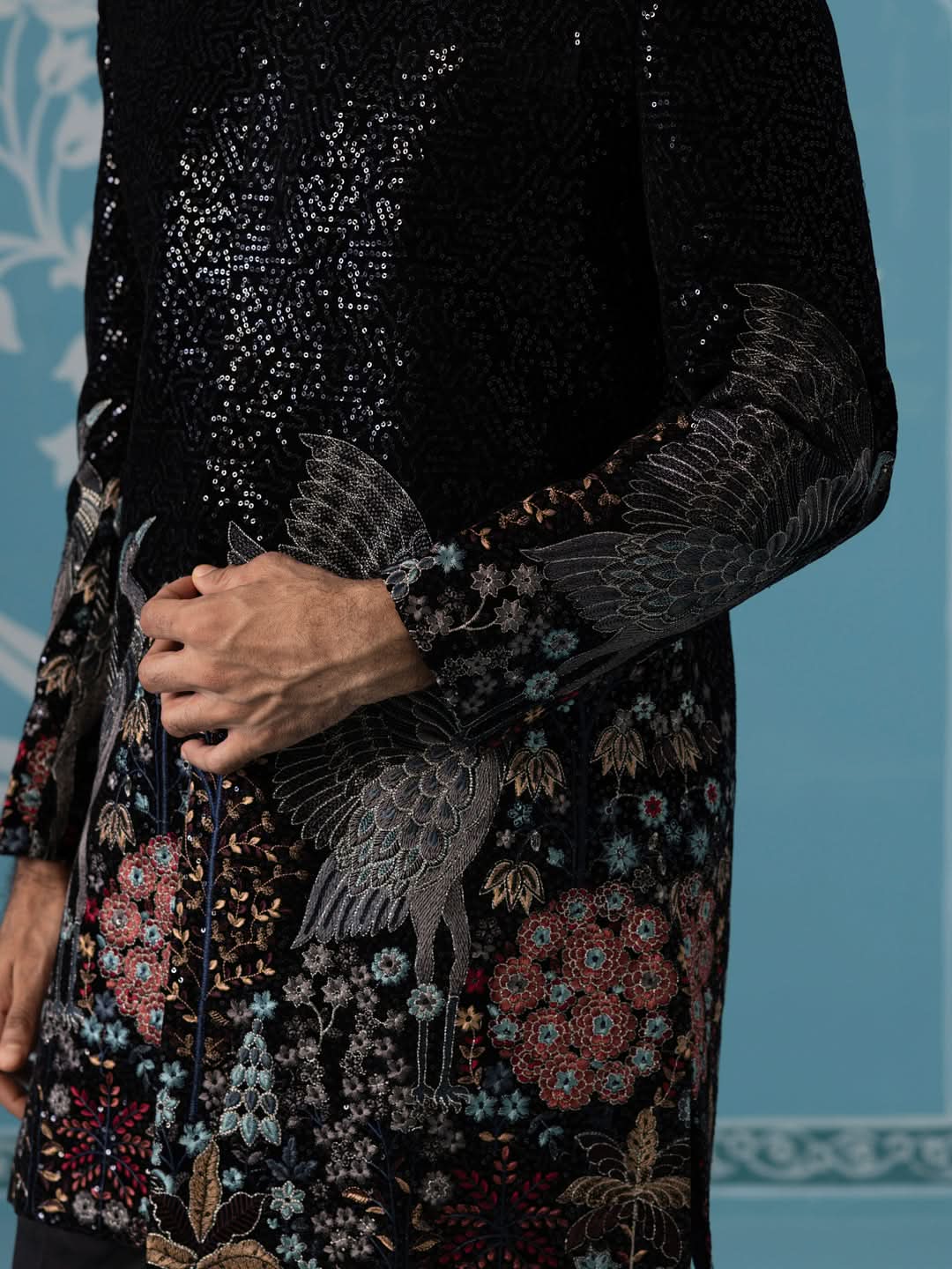 Black Velvet Indo Set with Sequin & Bird-Motif Embroidery