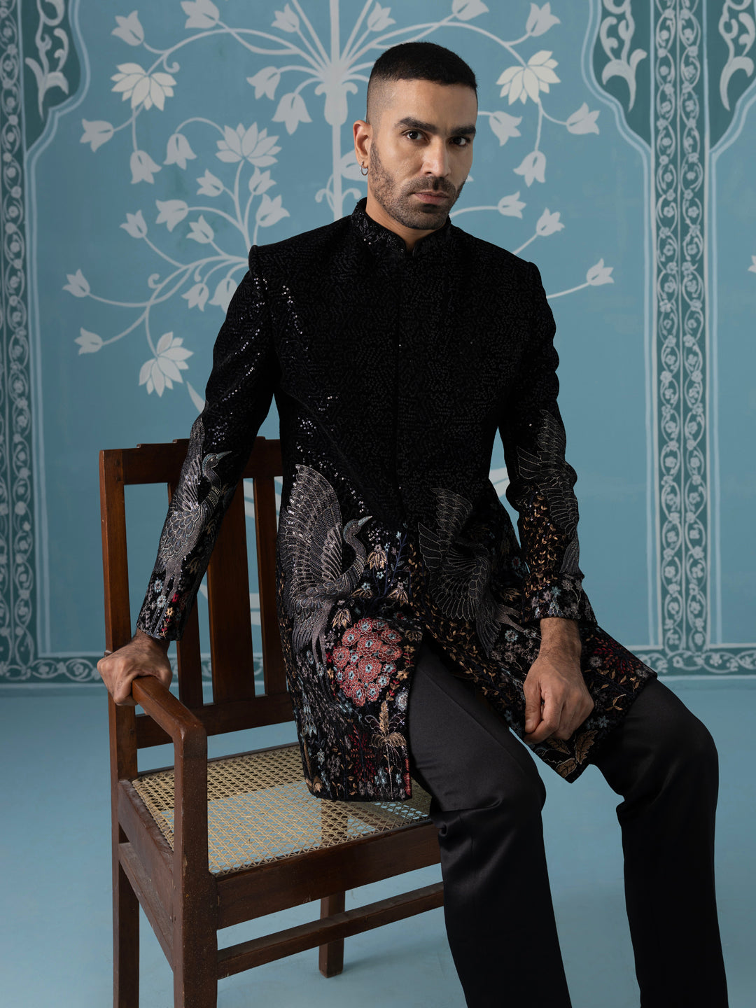Black Velvet Indo Set with Sequin & Bird-Motif Embroidery