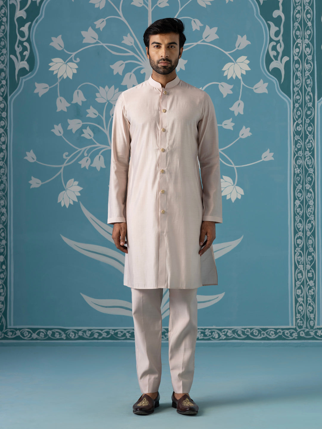 Light Onion-Pink Kurta with Abstract Thread-Embroidered Long Bundi Set