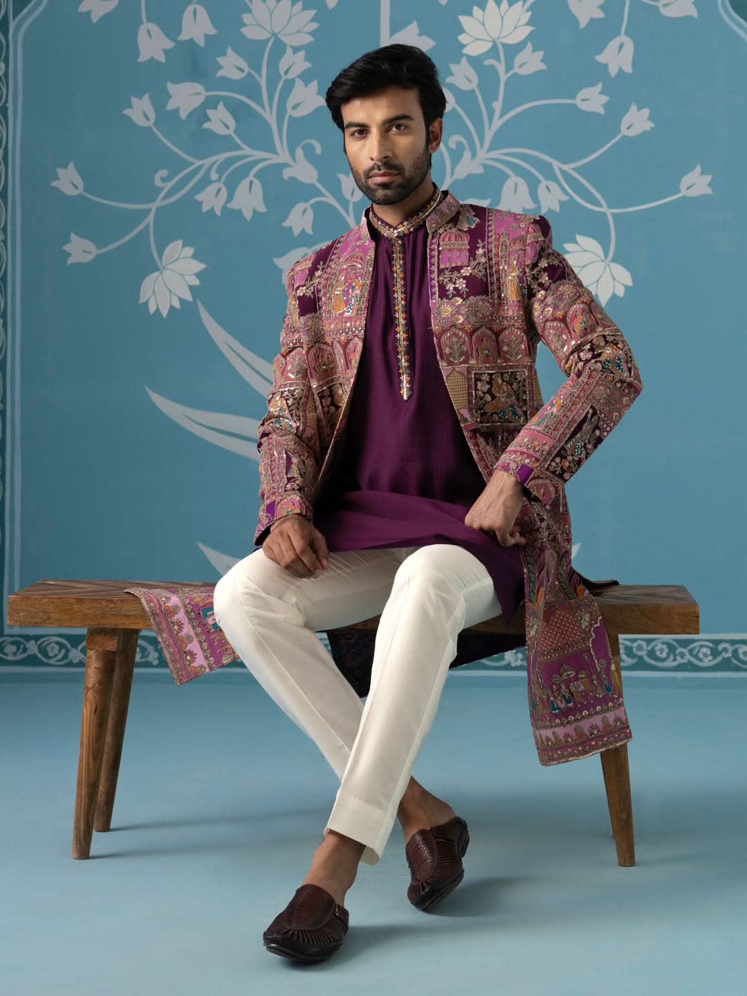 Purple Front-Open Embroidered Indo Set