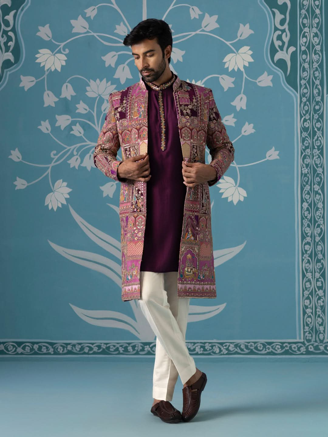 Purple Front-Open Embroidered Indo Set