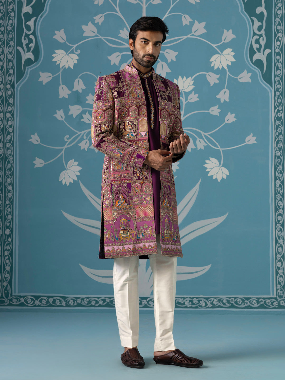Purple Front-Open Embroidered Indo Set