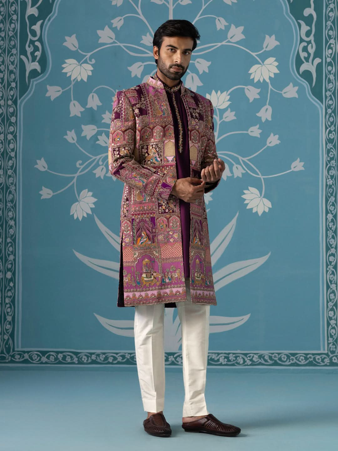 Purple Front-Open Embroidered Indo Set