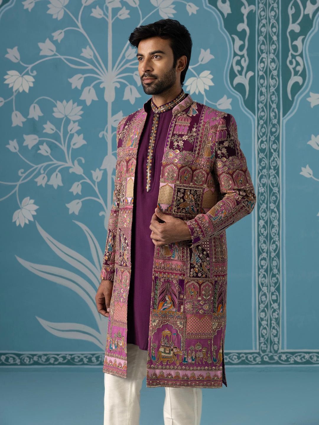 Purple Front-Open Embroidered Indo Set