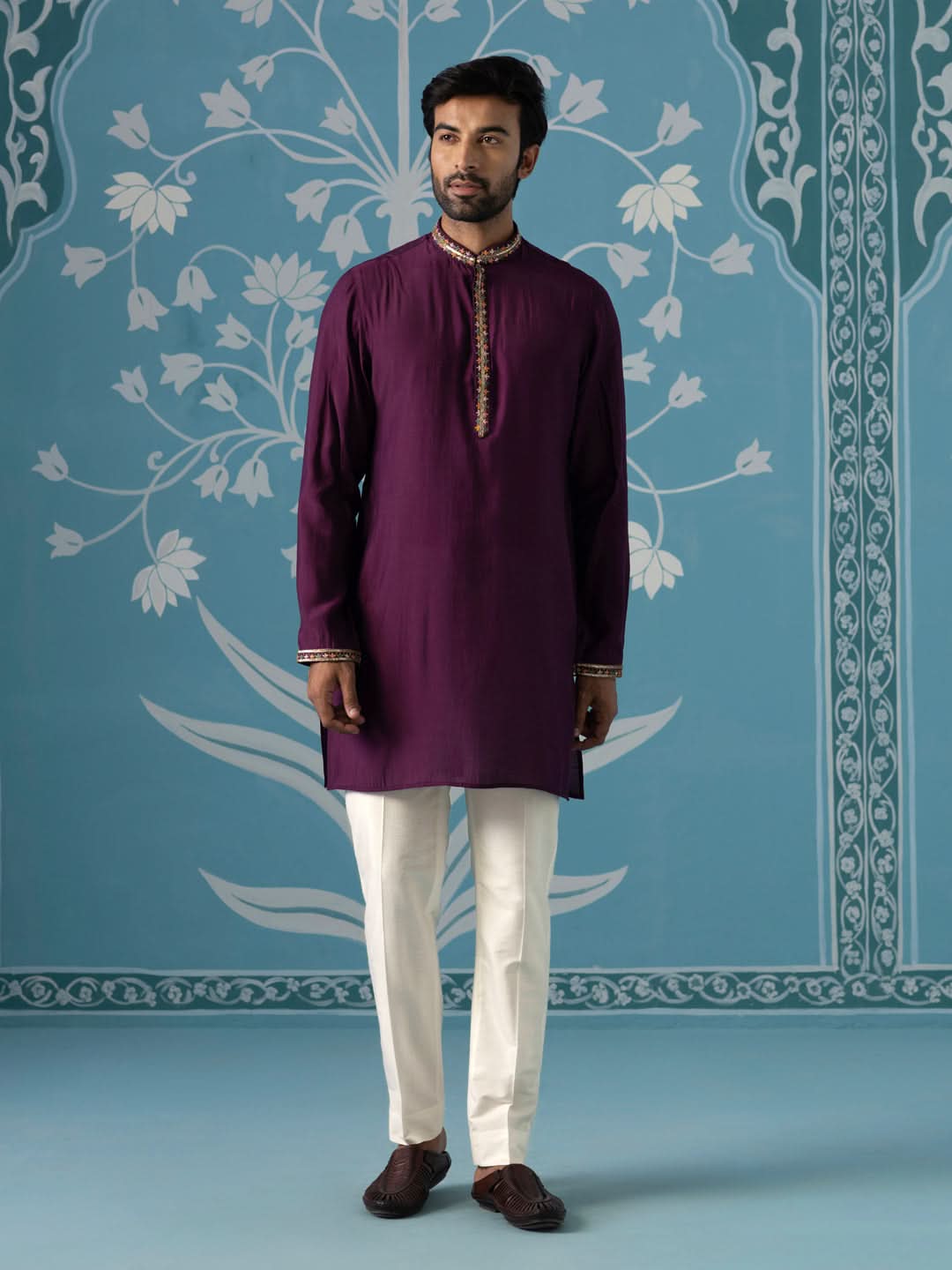 Purple Front-Open Embroidered Indo Set