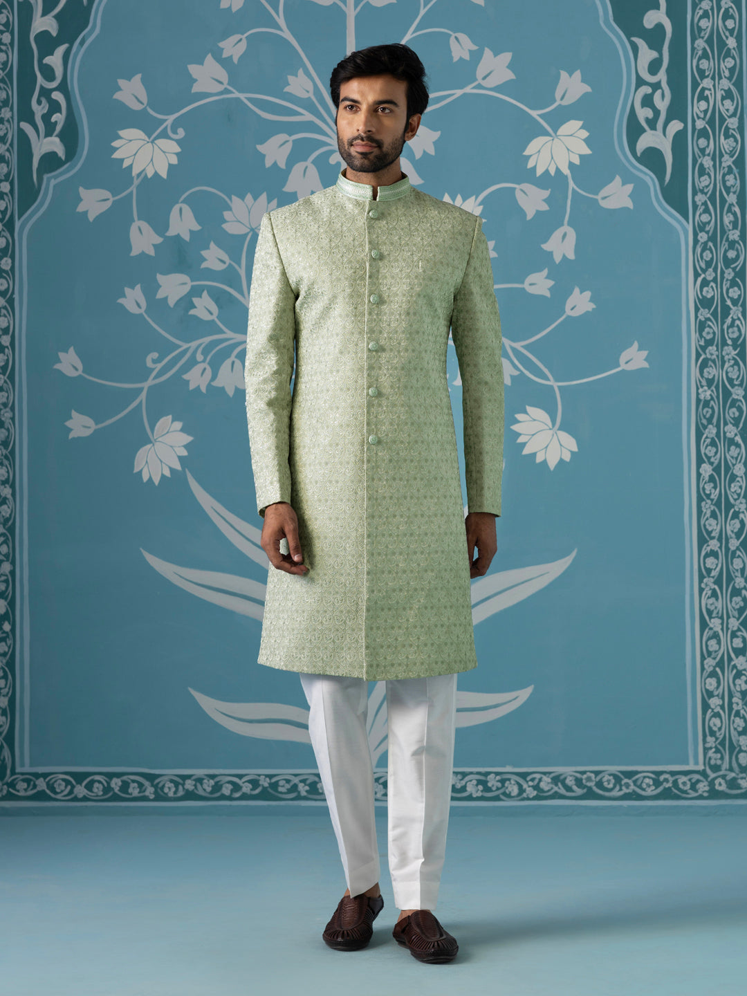 Pastel Green Textured Long Jacket Set