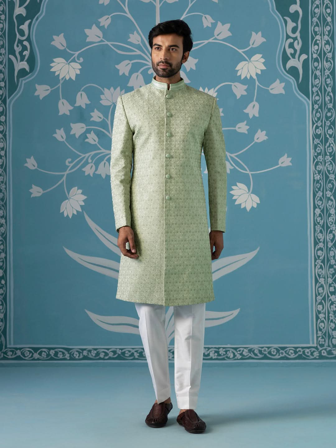 Pastel Green Textured Long Jacket Set