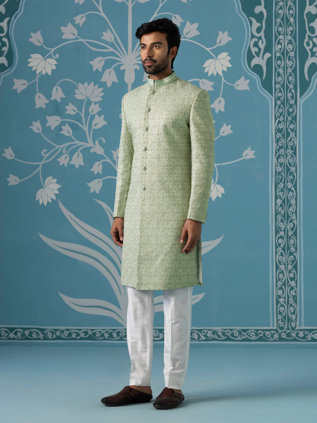 Pastel Green Textured Long Jacket Set