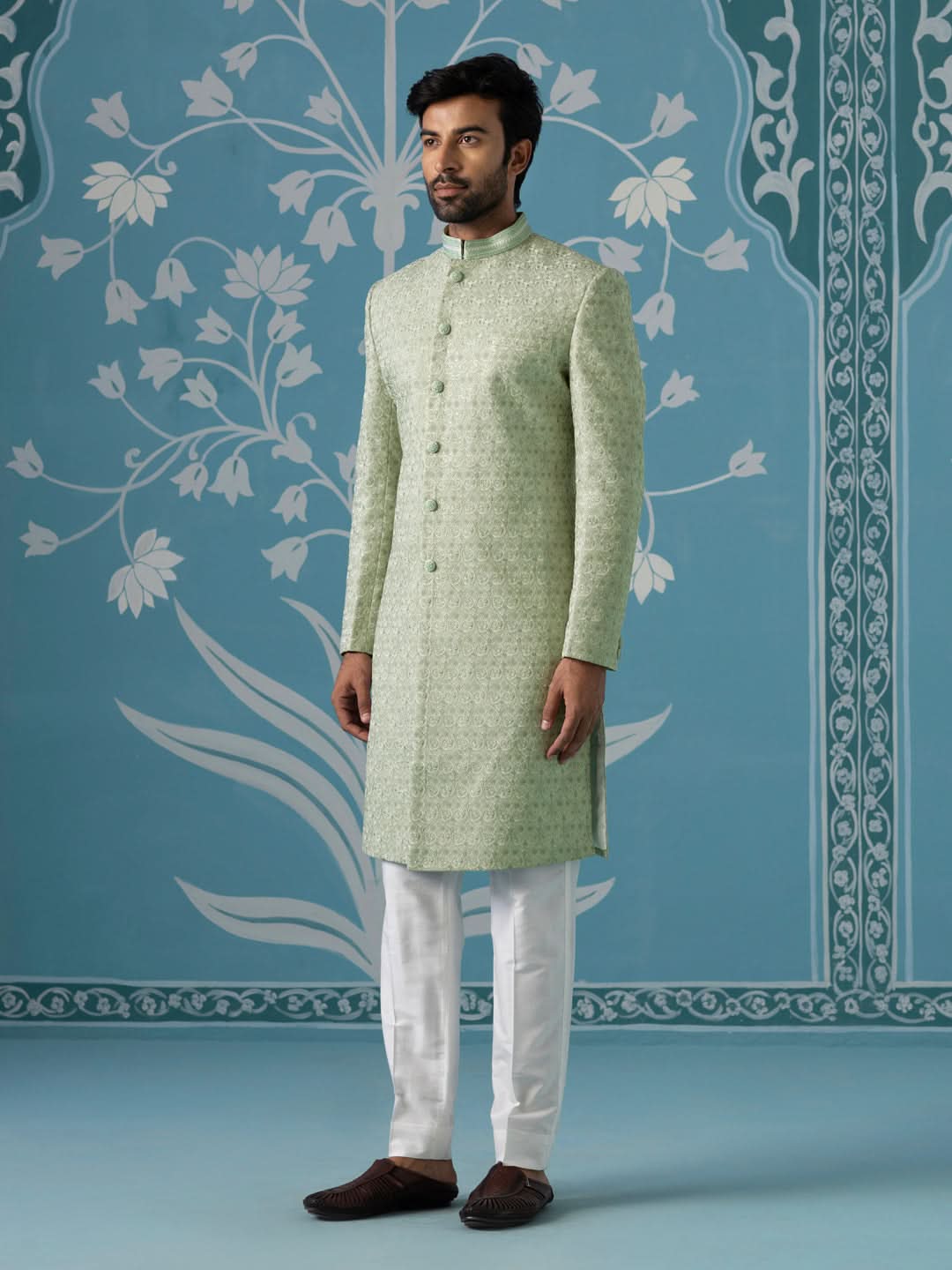 Pastel Green Textured Long Jacket Set