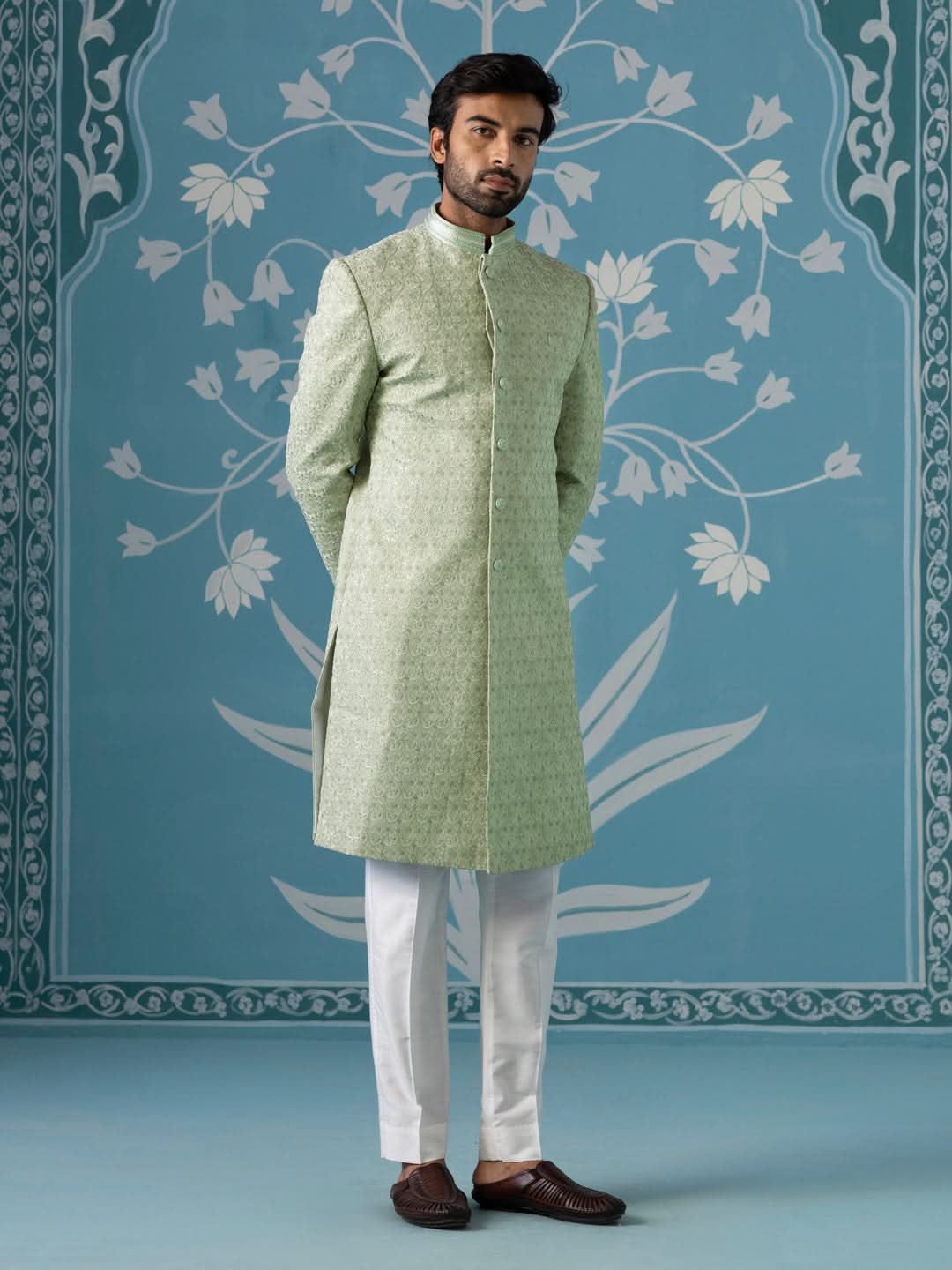 Pastel Green Textured Long Jacket Set