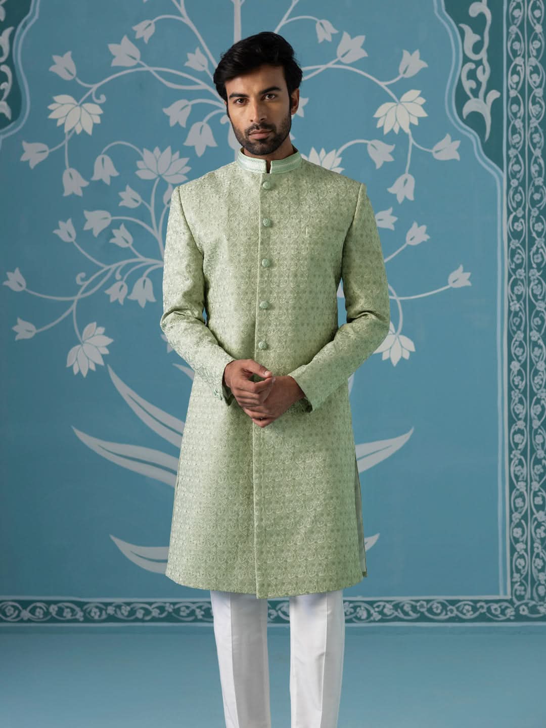 Pastel Green Textured Long Jacket Set