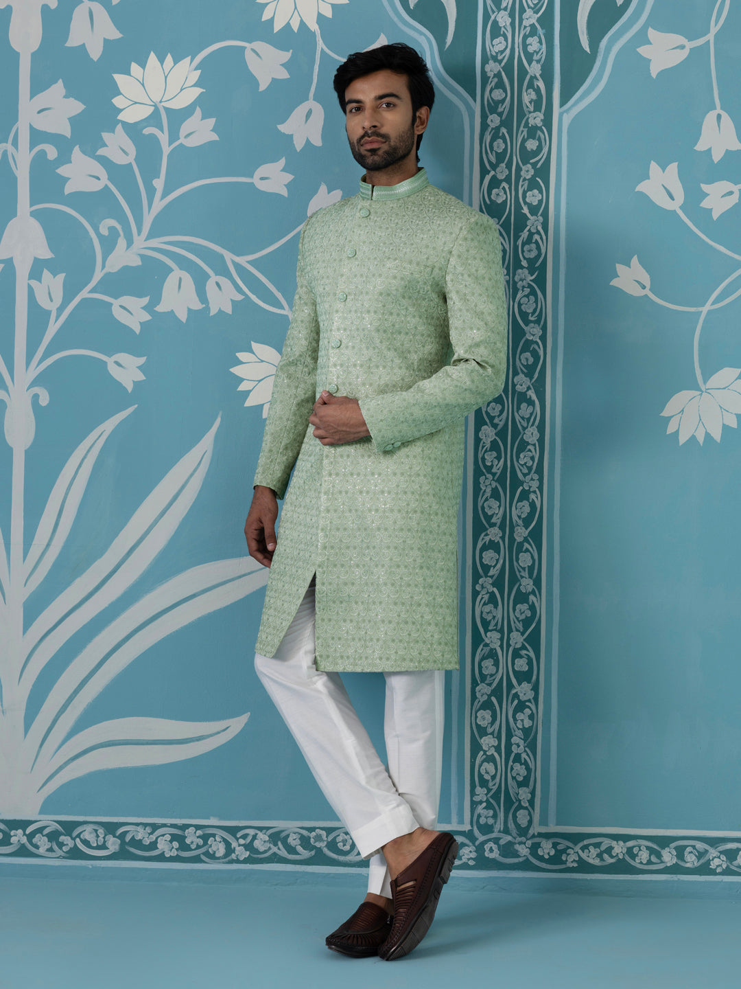 Pastel Green Textured Long Jacket Set