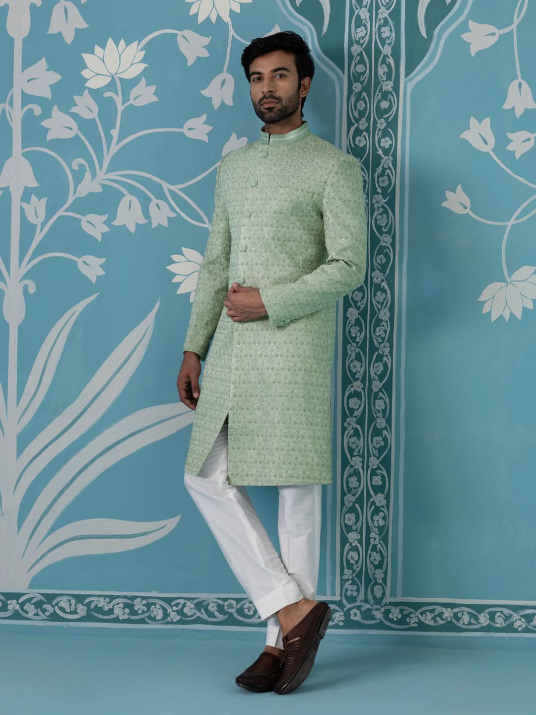 Pastel Green Textured Long Jacket Set