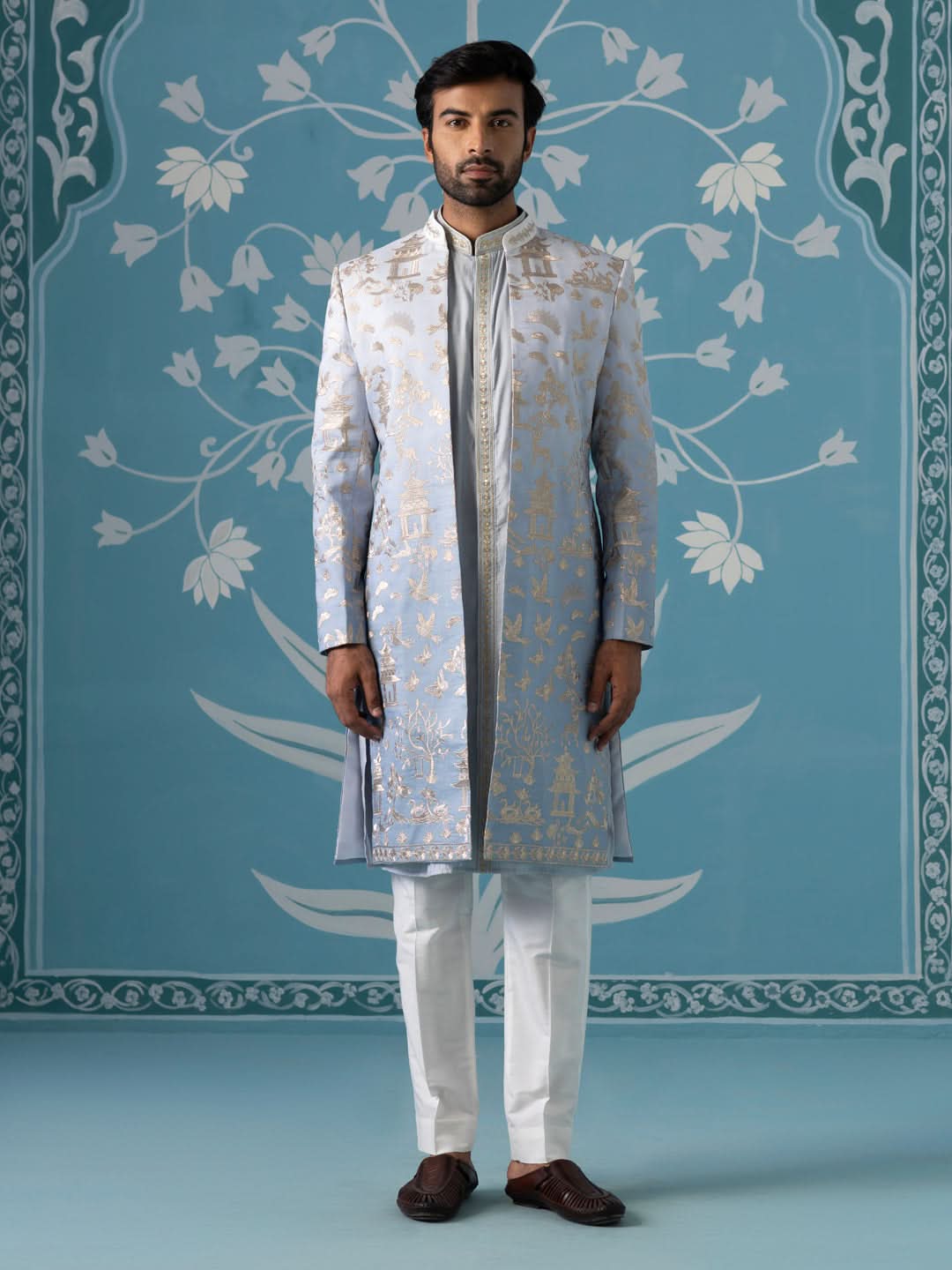 Gradient Blue Embroidered Sherwani Set