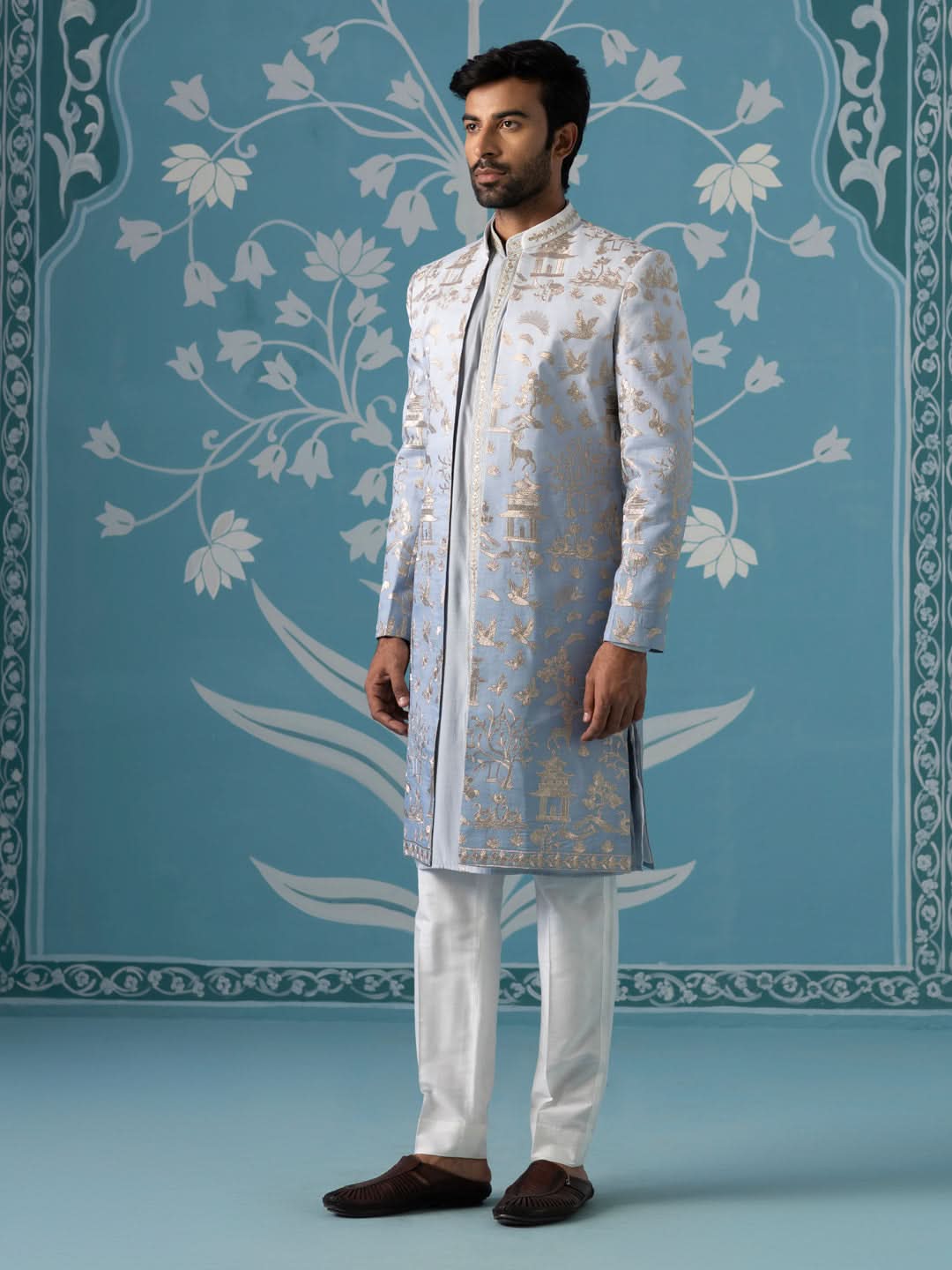 Gradient Blue Embroidered Sherwani Set