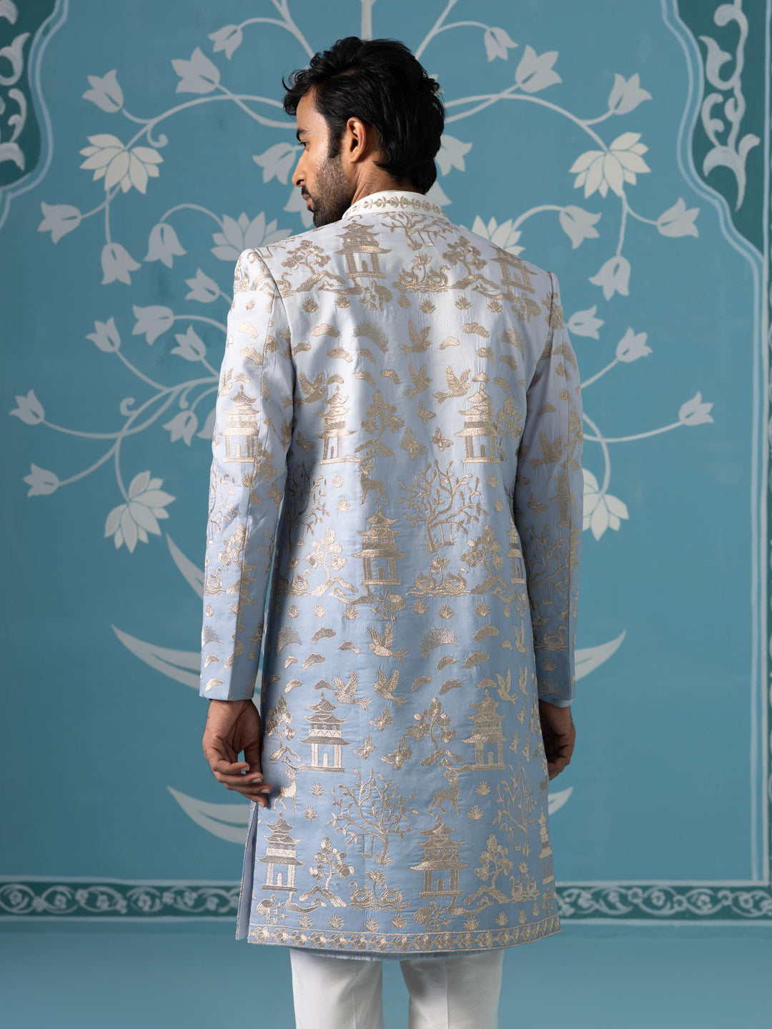 Gradient Blue Embroidered Sherwani Set