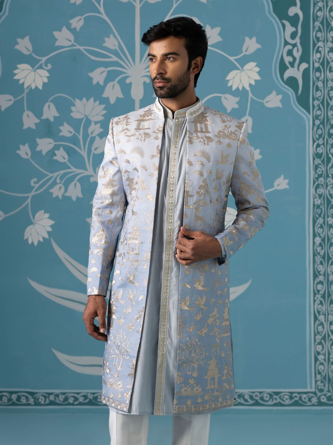 Gradient Blue Embroidered Sherwani Set