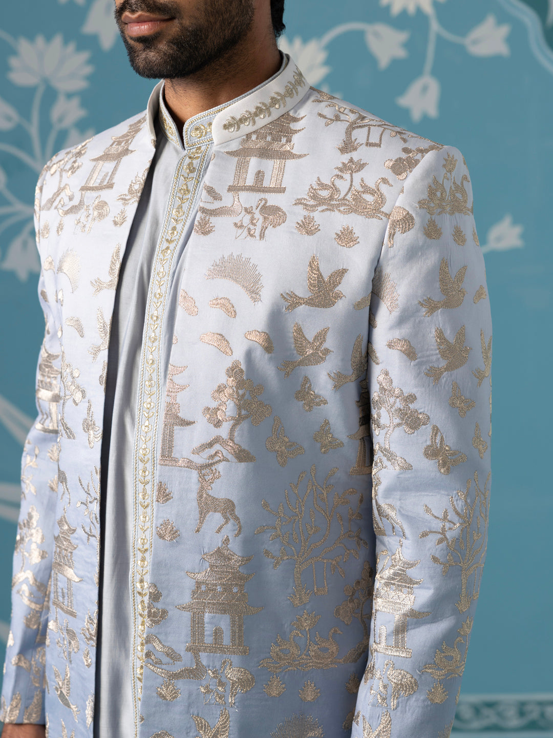 Gradient Blue Embroidered Sherwani Set