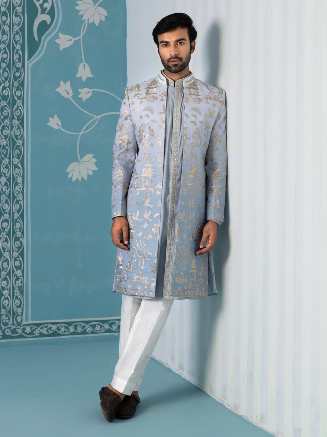 Gradient Blue Embroidered Sherwani Set