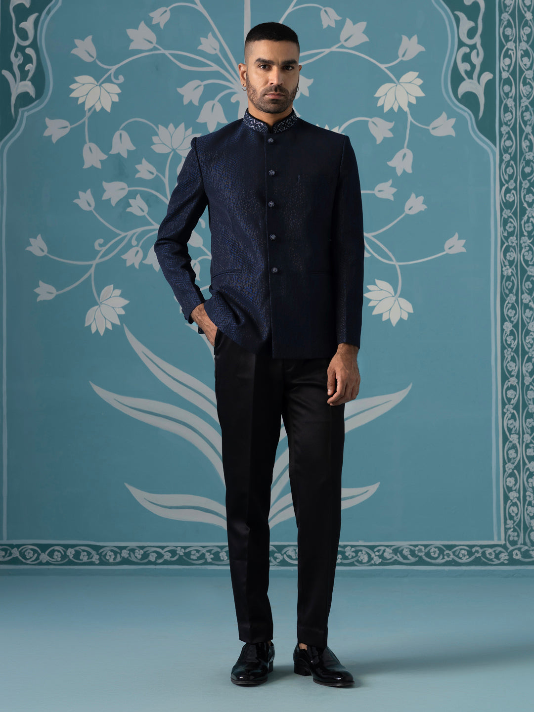 Midnight Blue Textured Bandhgala Set