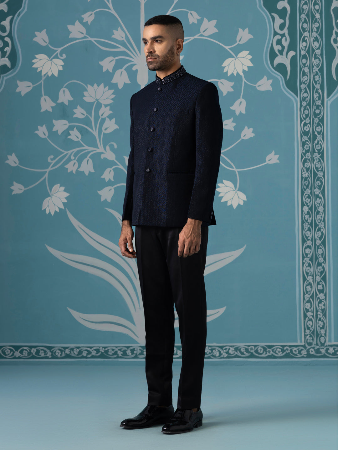 Midnight Blue Textured Bandhgala Set