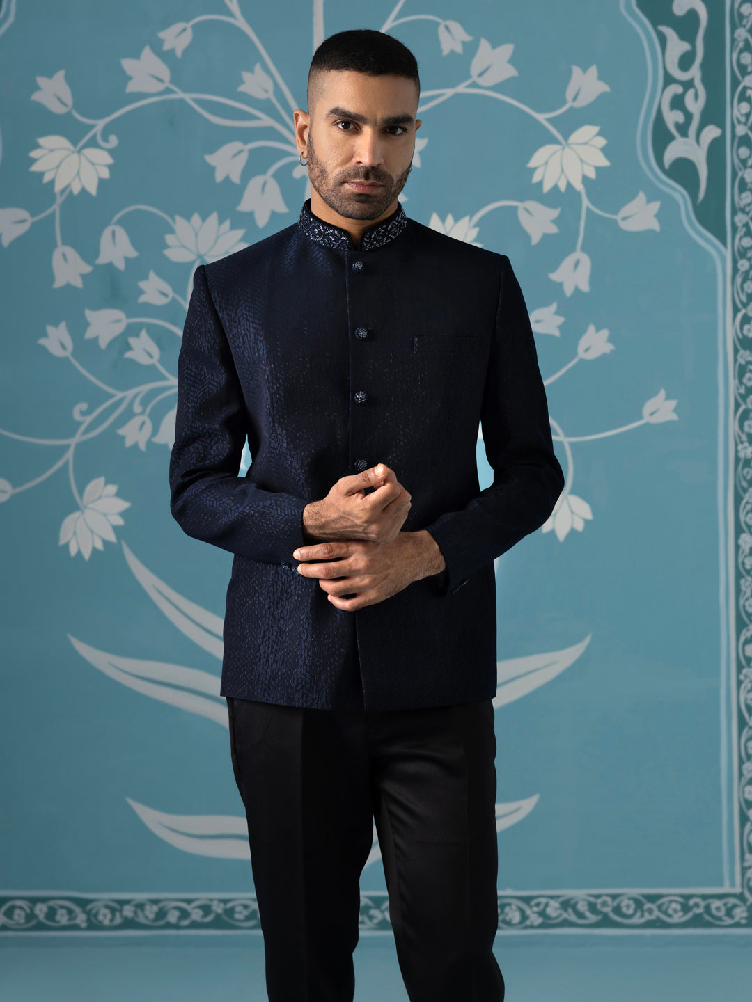 Midnight Blue Textured Bandhgala Set